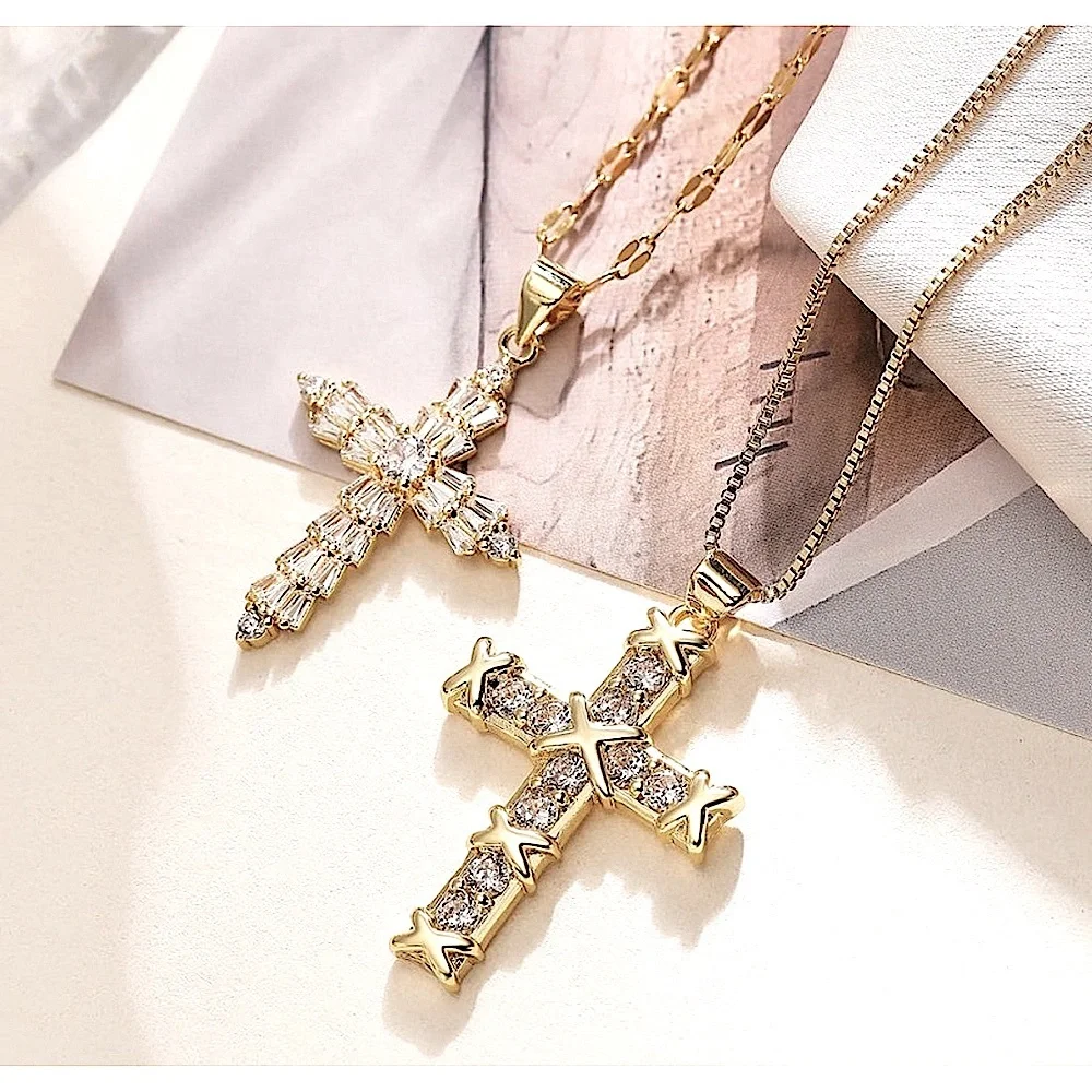 NEW Unisex Men’s 18k Gold Filled Simulated Diamond‎ Cross Necklace, 16-18”